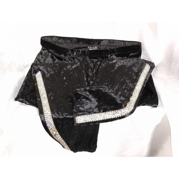 RHINESTONES VENUS Velvet Leggings Black Velour diamond pants - Picture 2 of 7